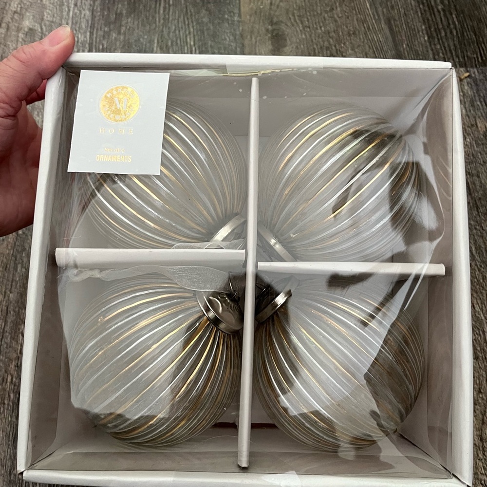 Martha Stewart Glass 4 Christmas Ball Ornaments Silver Gold Glitter.  New Box.